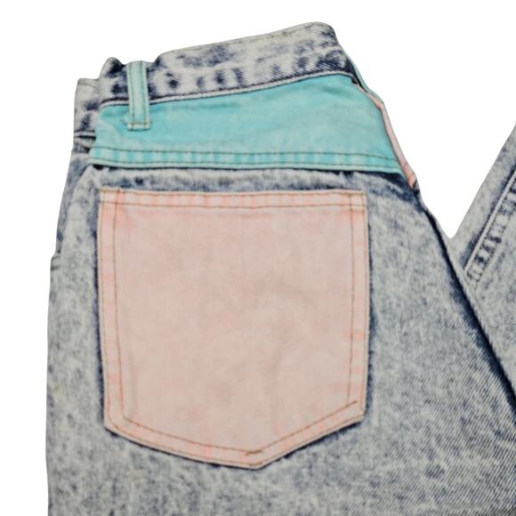 80s Acid Wash Cap Ferrat Denim Blue Jean Pink Blue High Waisted Mom Jeans Size 7 - Picture 3 of 13